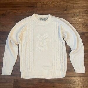 Cream Vintage 90s Cable Knit Sweater Floral Embroidered Cottagecore Boho Grandma